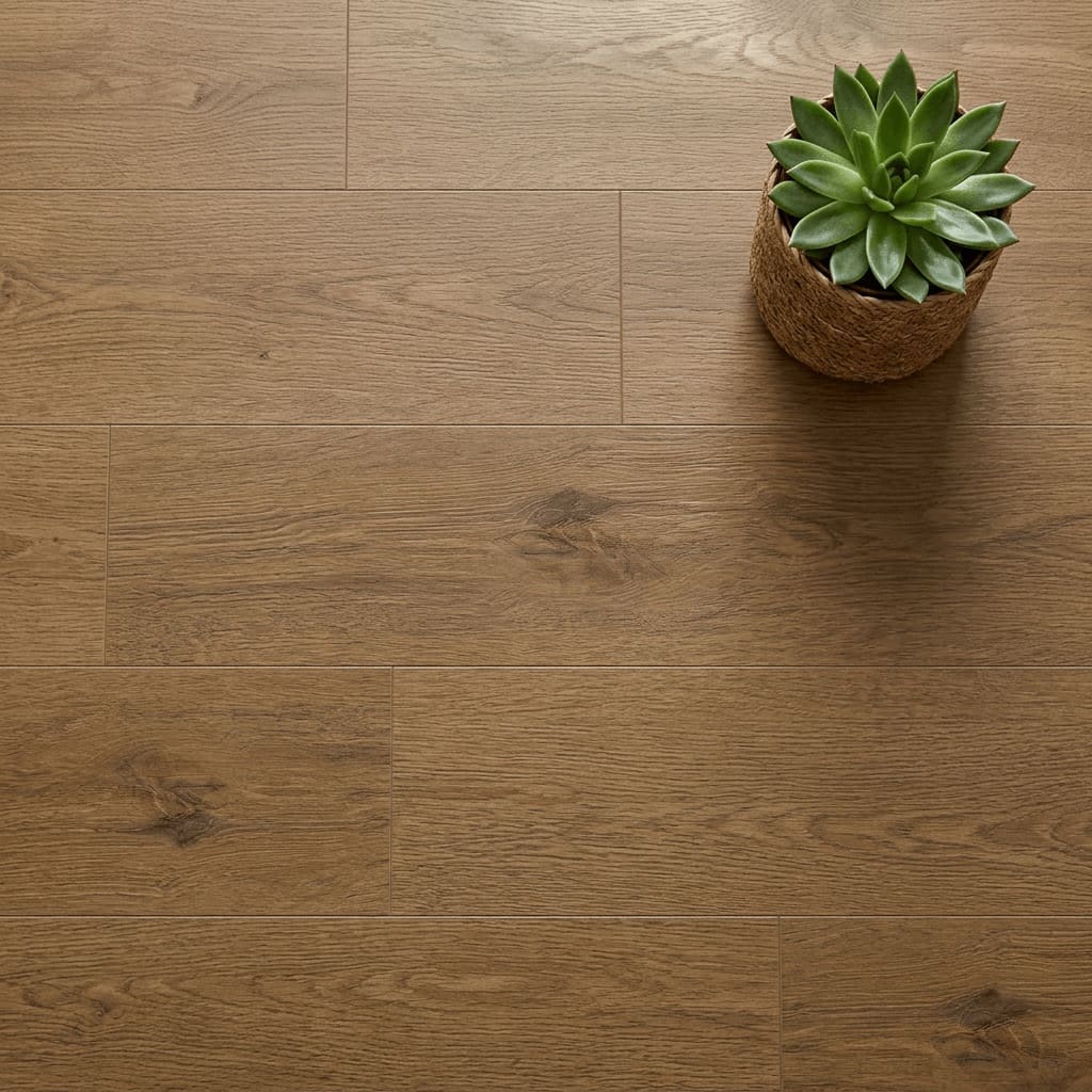 Amtico Spacia Brewer Oak luxury vinyl flooring close-up texture - photorealistic room shot