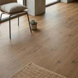 Amtico Spacia Brewer Oak luxury vinyl flooring detailed view - photorealistic room shot