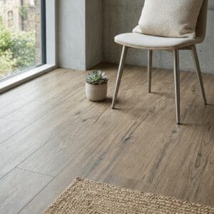 Amtico Spacia Cabin Timber luxury vinyl flooring detailed view - photorealistic room shot