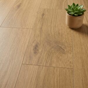 Amtico Spacia Carmel Oak luxury vinyl flooring close-up texture - photorealistic room shot