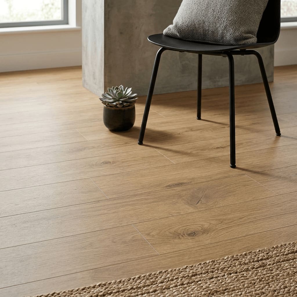 Amtico Spacia Carmel Oak luxury vinyl flooring detailed view - photorealistic room shot