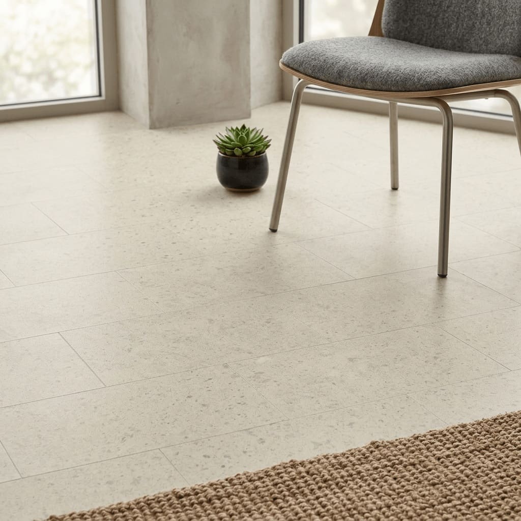 Amtico Spacia Court Stone luxury vinyl flooring detailed view - photorealistic room shot
