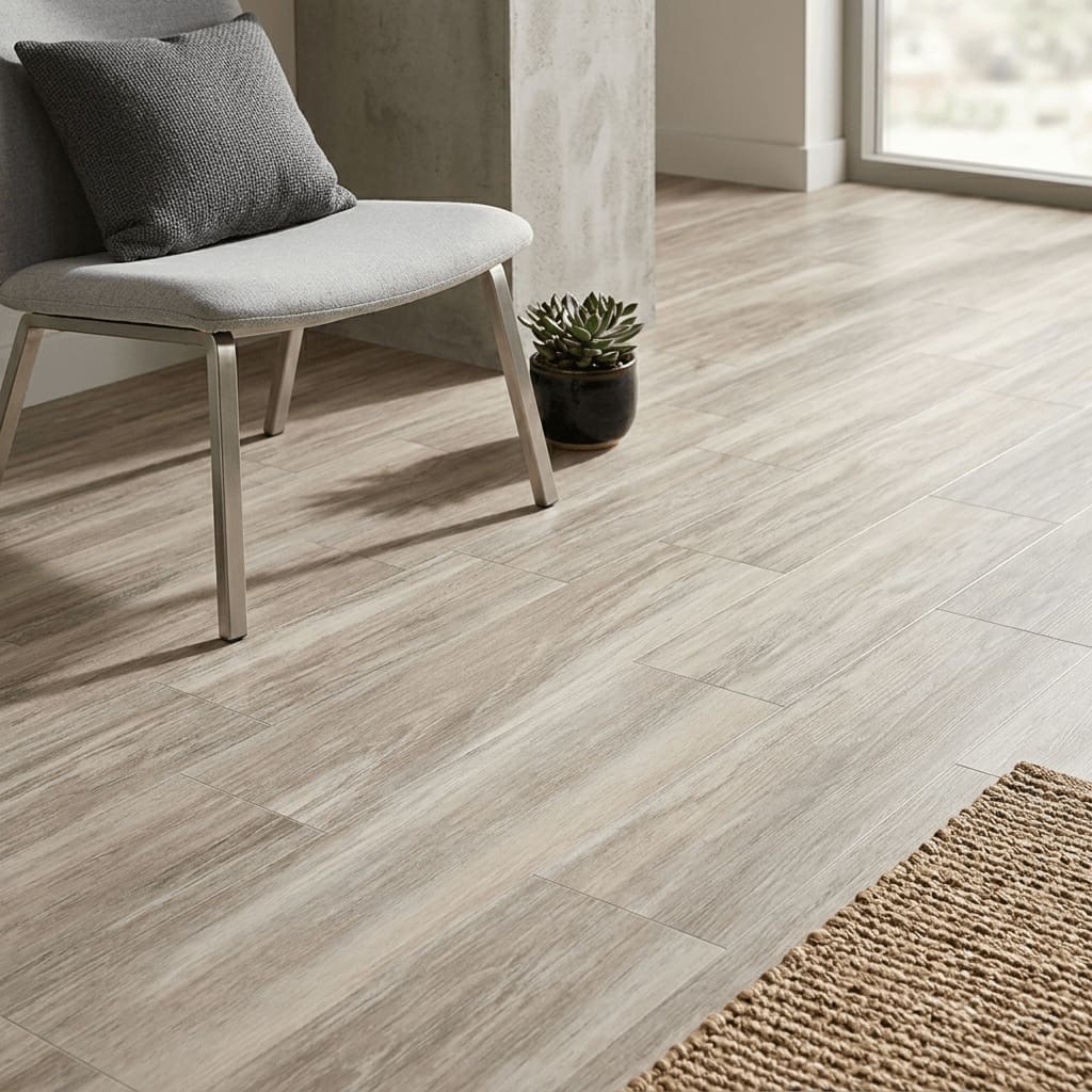Amtico Spacia Cove Salvaged Timber luxury vinyl flooring detailed view - photorealistic room shot