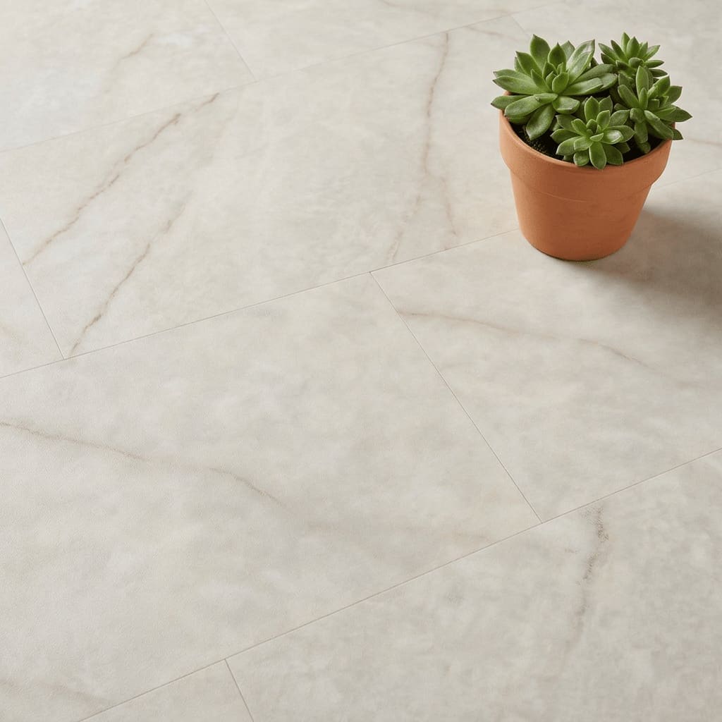Amtico Spacia Fontana Marble White luxury vinyl flooring close-up texture - photorealistic room shot