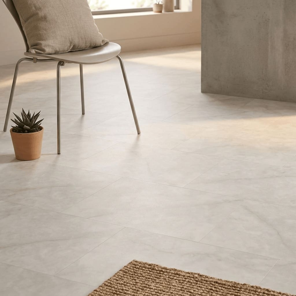 Amtico Spacia Fontana Marble White luxury vinyl flooring detailed view - photorealistic room shot