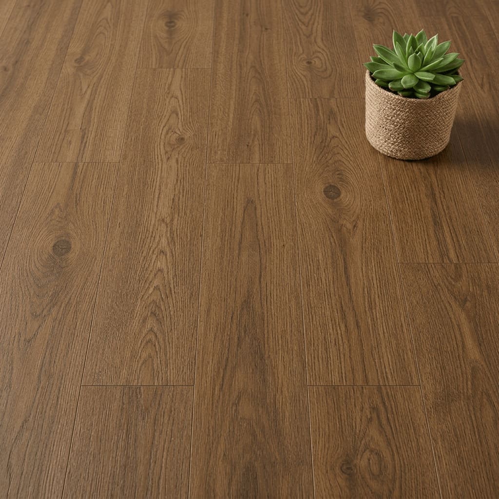 Amtico Spacia Saddler Oak luxury vinyl flooring close-up texture - photorealistic room shot