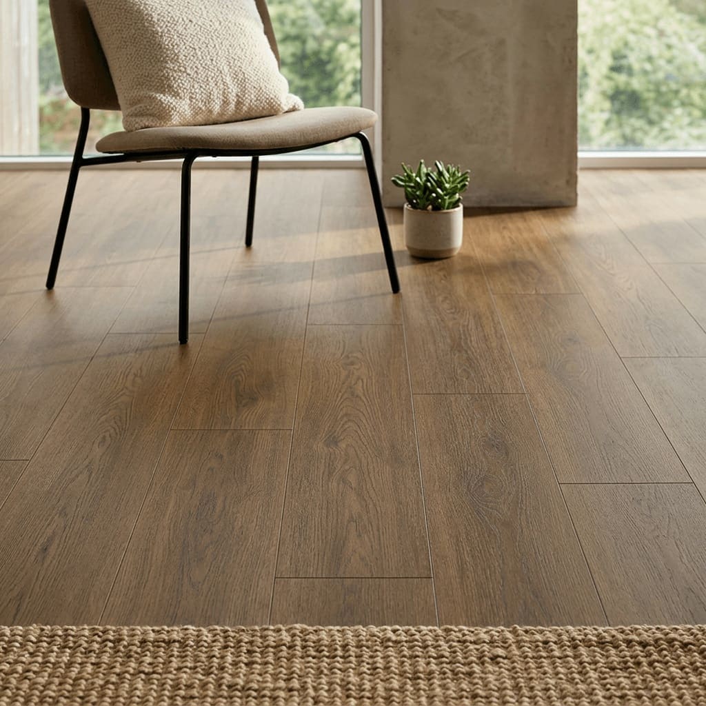 Amtico Spacia Saddler Oak luxury vinyl flooring detailed view - photorealistic room shot
