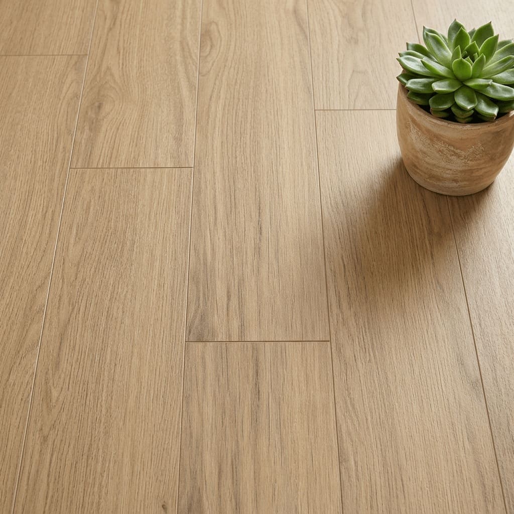 Amtico Spacia Stowe Oak luxury vinyl flooring close-up texture - photorealistic room shot