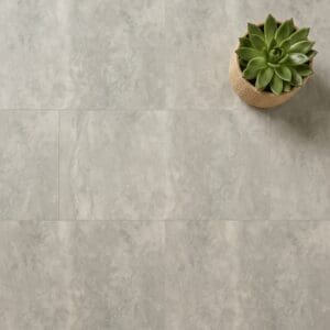 Amtico Spacia Travertine Grigio luxury vinyl flooring close-up texture - photorealistic room shot