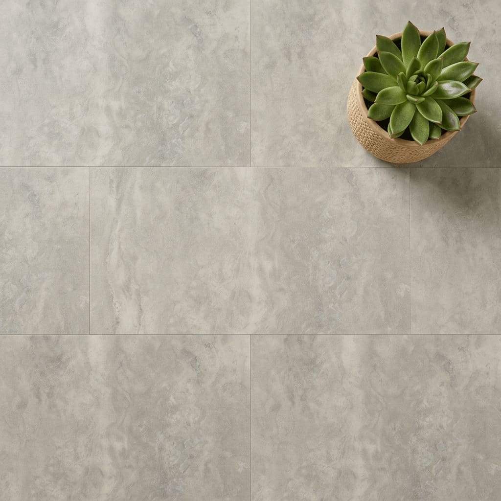 Amtico Spacia Travertine Grigio luxury vinyl flooring close-up texture - photorealistic room shot