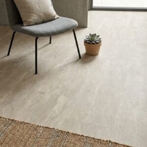 Amtico Spacia Travertine Grigio luxury vinyl flooring detailed view - photorealistic room shot