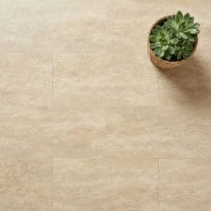 Amtico Spacia Travertine Oro luxury vinyl flooring close-up texture - photorealistic room shot