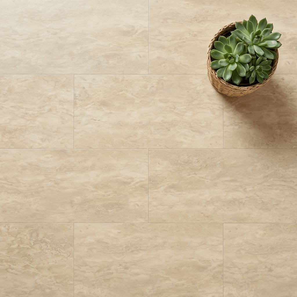 Amtico Spacia Travertine Oro luxury vinyl flooring close-up texture - photorealistic room shot