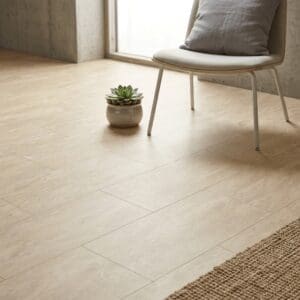 Amtico Spacia Travertine Oro luxury vinyl flooring detailed view - photorealistic room shot