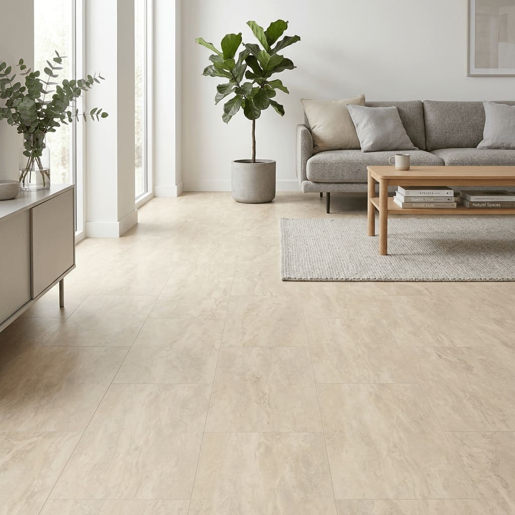 Amtico Spacia Travertine Oro luxury vinyl flooring room interior - photorealistic room shot