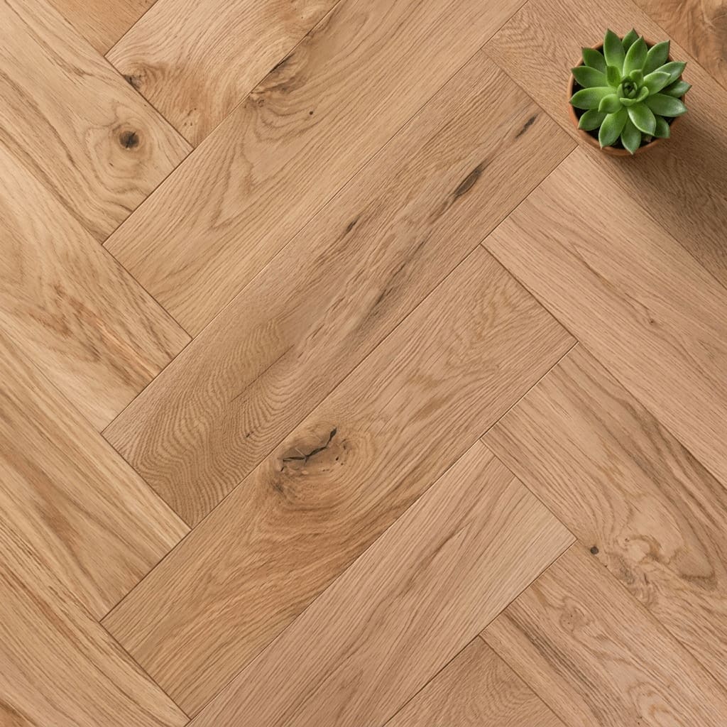 Baddiley Oak Herringbone engineered oak flooring close-up texture - photorealistic room shot