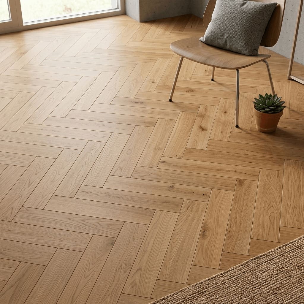 Baddiley Oak Herringbone engineered oak flooring detailed view - photorealistic room shot