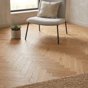 Beeston Oak Herringbone engineered oak flooring detailed view - photorealistic room shot