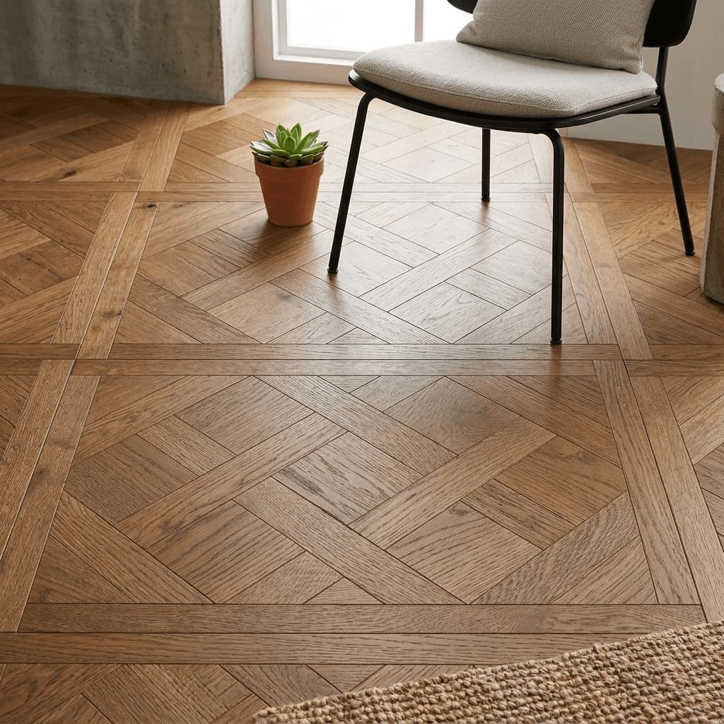 Belgrave Park Oak Versailles engineered oak flooring detailed view - photorealistic room shot