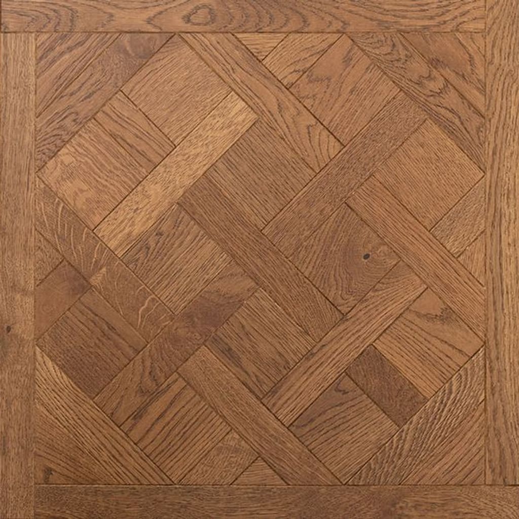 Belgrave Park Oak Versailles engineered wood flooring panel showing intricate geometric pattern and golden oak grain.