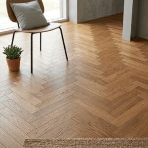 Bickerton Oak Herringbone engineered oak flooring detailed view - photorealistic room shot
