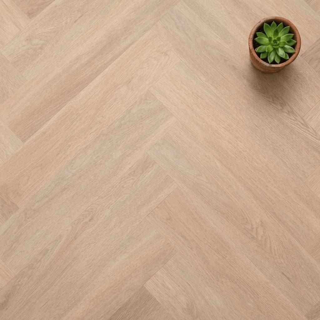 Blenheim Oak Herringbone luxury vinyl flooring close-up texture - photorealistic room shot