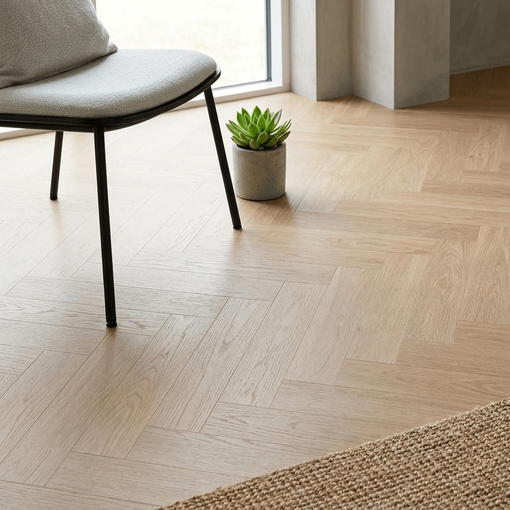 Blenheim Oak Herringbone luxury vinyl flooring detailed view - photorealistic room shot