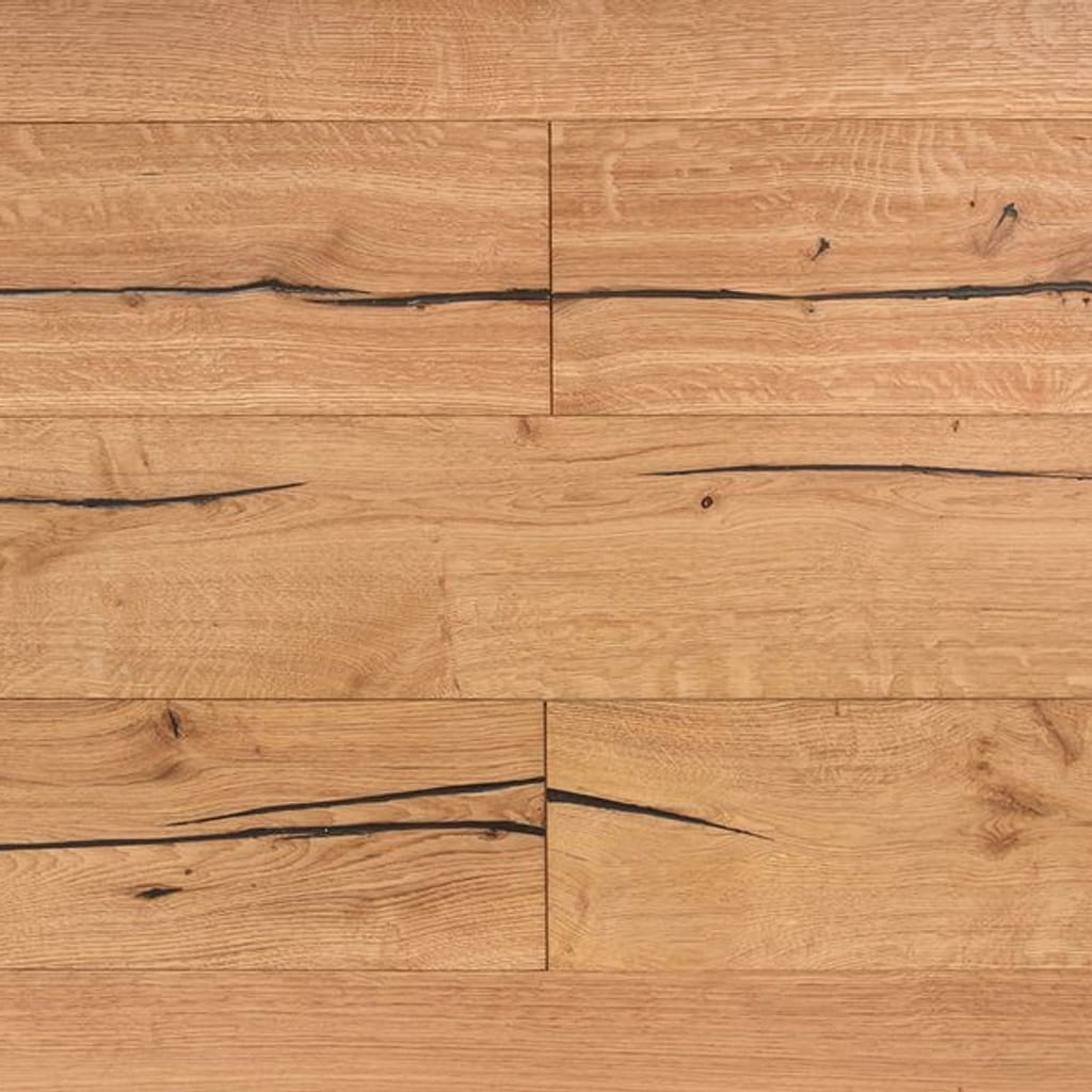 Close up of Bowdon Oak distressed engineered wood flooring showing natural grain and dark filled cracks