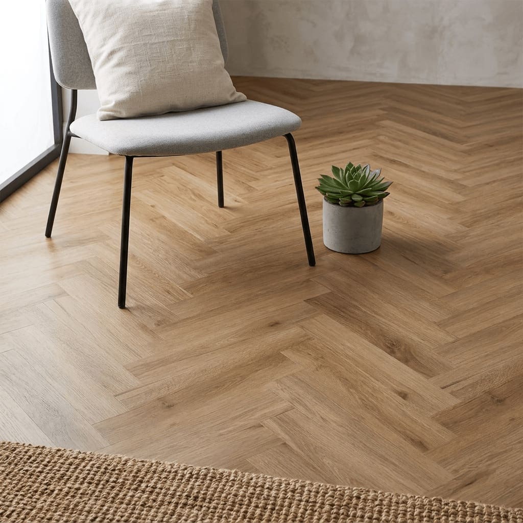 Brampton Chase Metro Trends Herringbone Mayfair luxury vinyl flooring detailed view - photorealistic room shot