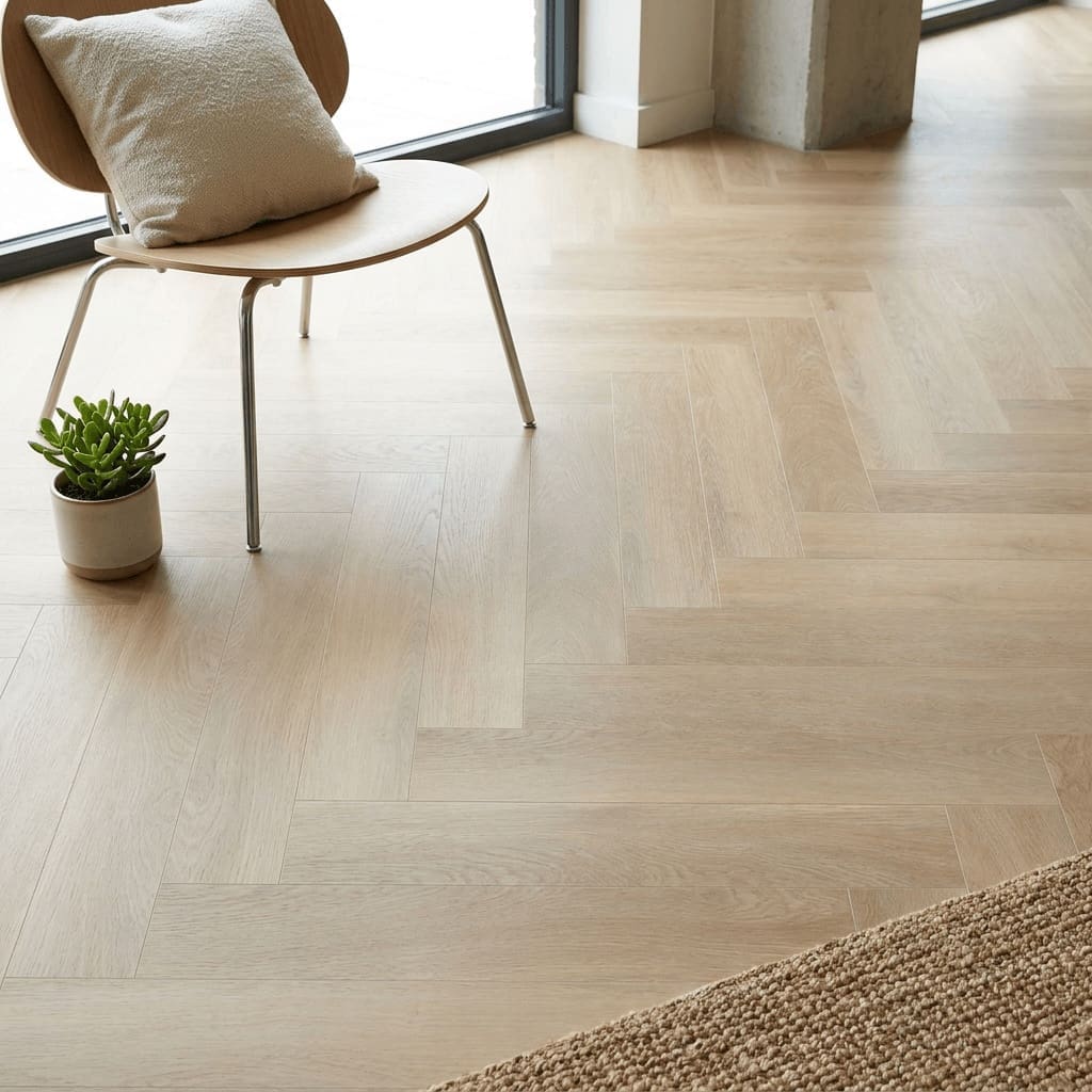 Brampton Chase Studio Designs Herringbone Blonde Oak luxury vinyl flooring detailed view - photorealistic room shot