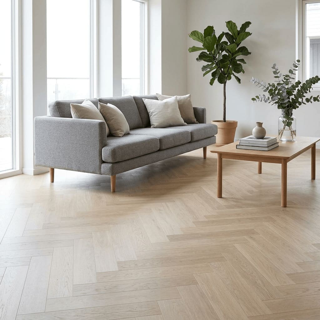 Brampton Chase Studio Designs Herringbone Blonde Oak luxury vinyl flooring room interior - photorealistic room shot