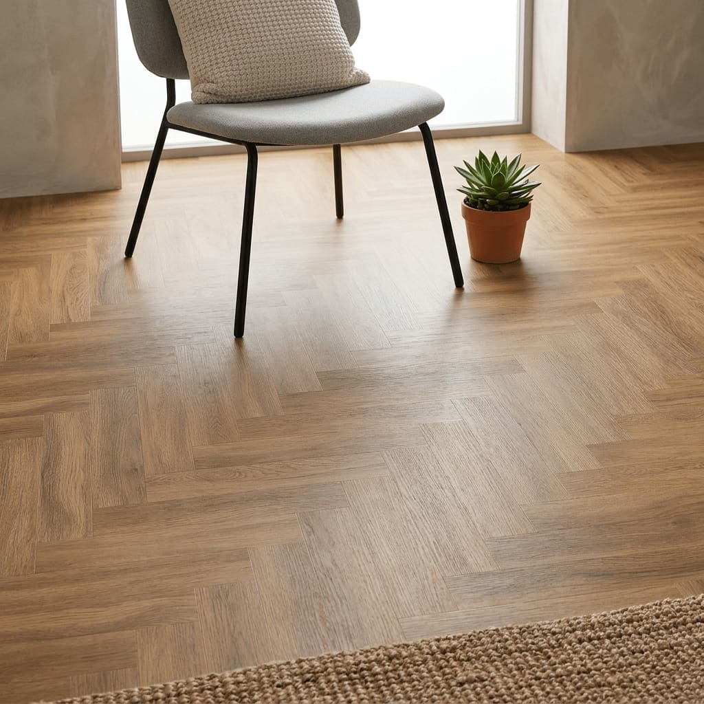 Brampton Chase Studio Designs Herringbone California Oak luxury vinyl flooring detailed view - photorealistic room shot