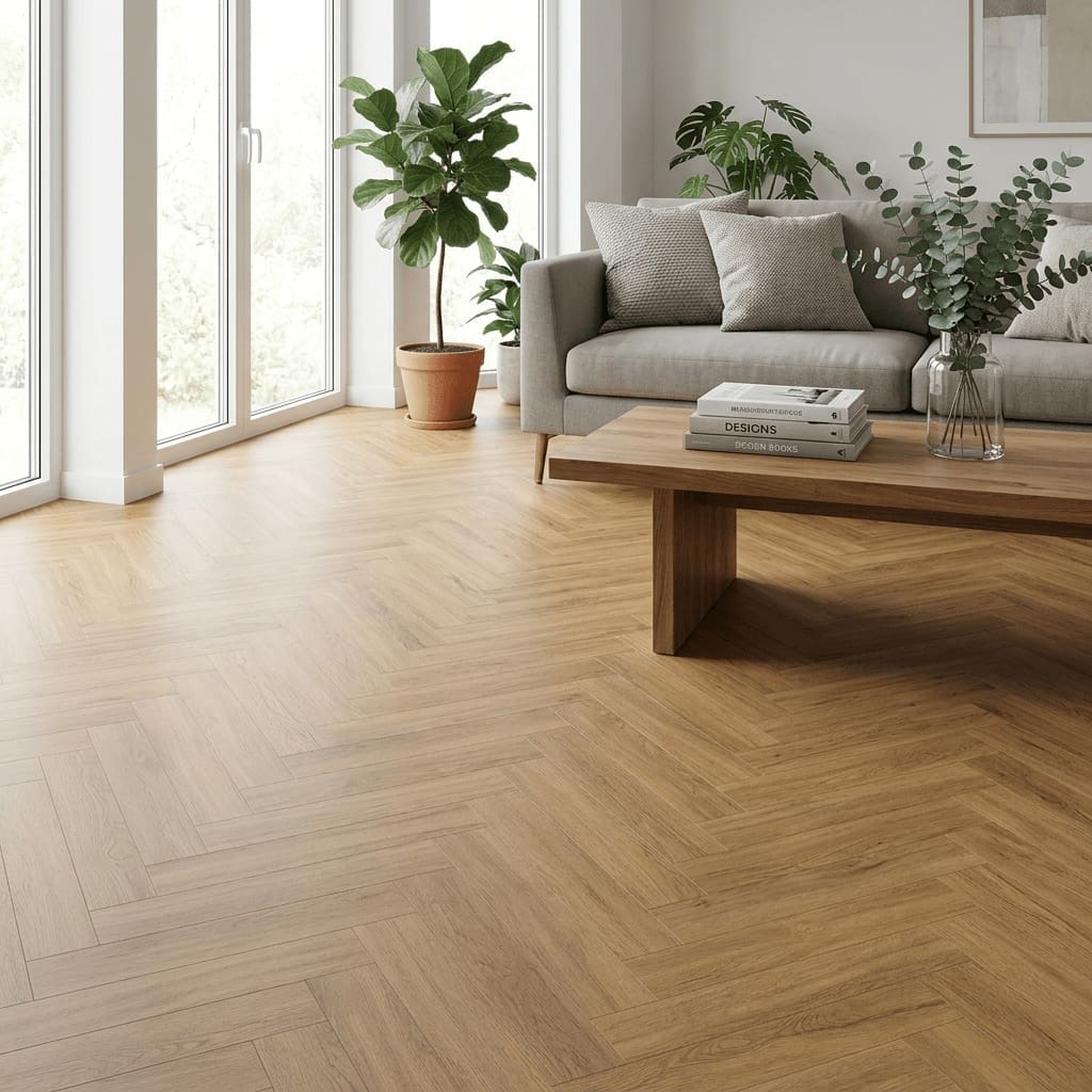 Brampton Chase Studio Designs Herringbone California Oak luxury vinyl flooring room interior - photorealistic room shot