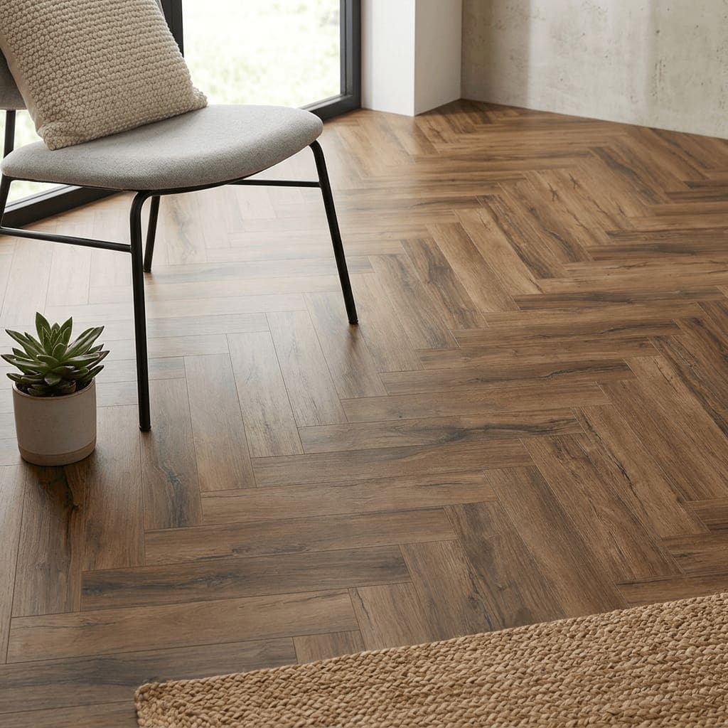 Brampton Chase Studio Designs Herringbone Chicory Haze luxury vinyl flooring detailed view - photorealistic room shot