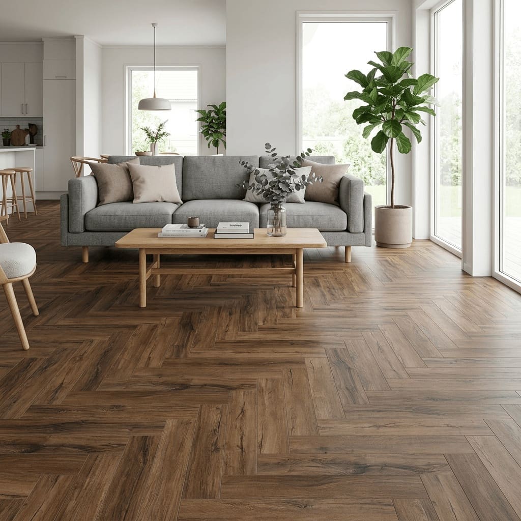 Brampton Chase Studio Designs Herringbone Chicory Haze luxury vinyl flooring room interior - photorealistic room shot