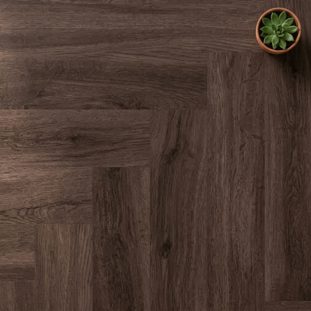 Brampton Chase Studio Designs Herringbone Dark Umber luxury vinyl flooring close-up texture - photorealistic room shot