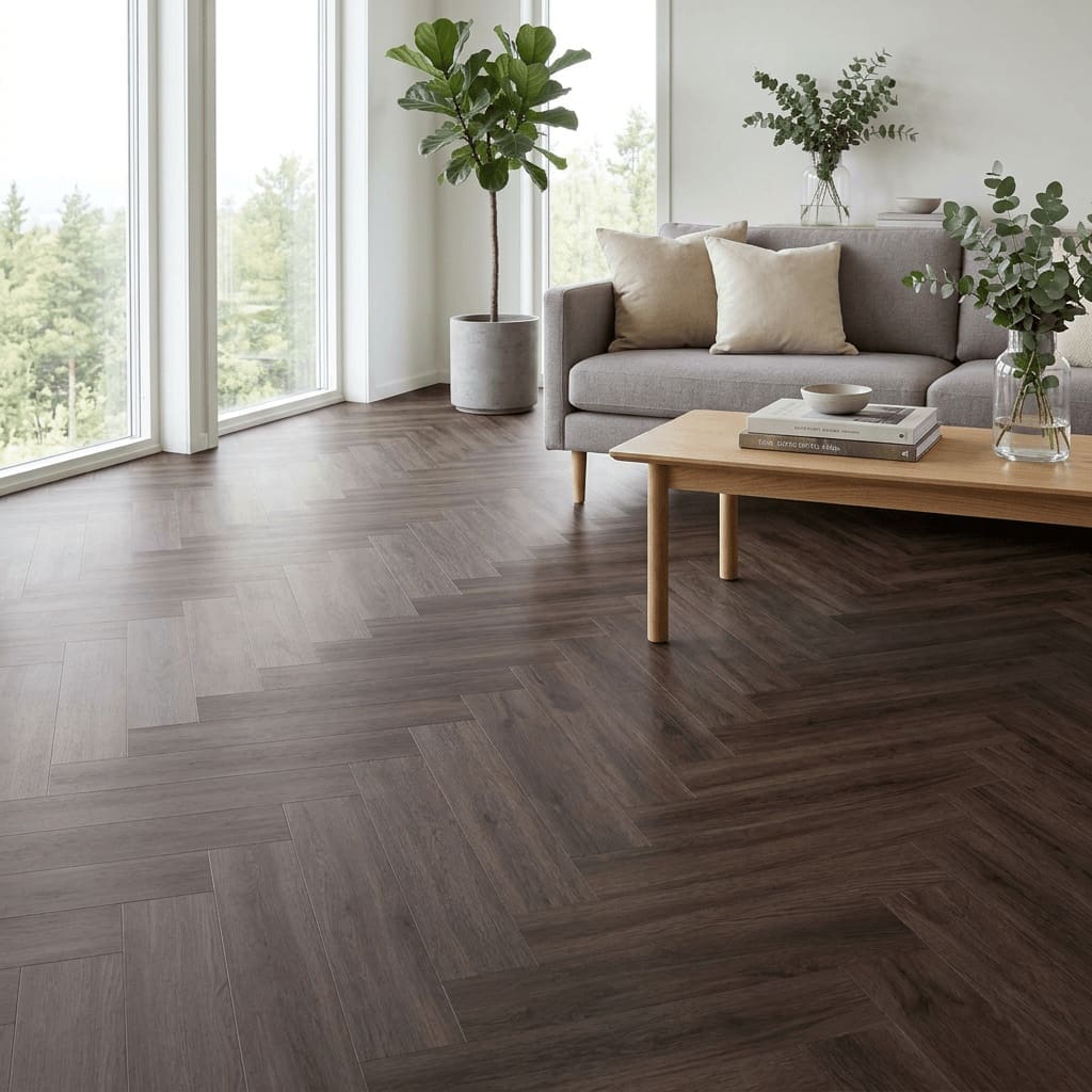 Brampton Chase Studio Designs Herringbone Dark Umber luxury vinyl flooring room interior - photorealistic room shot