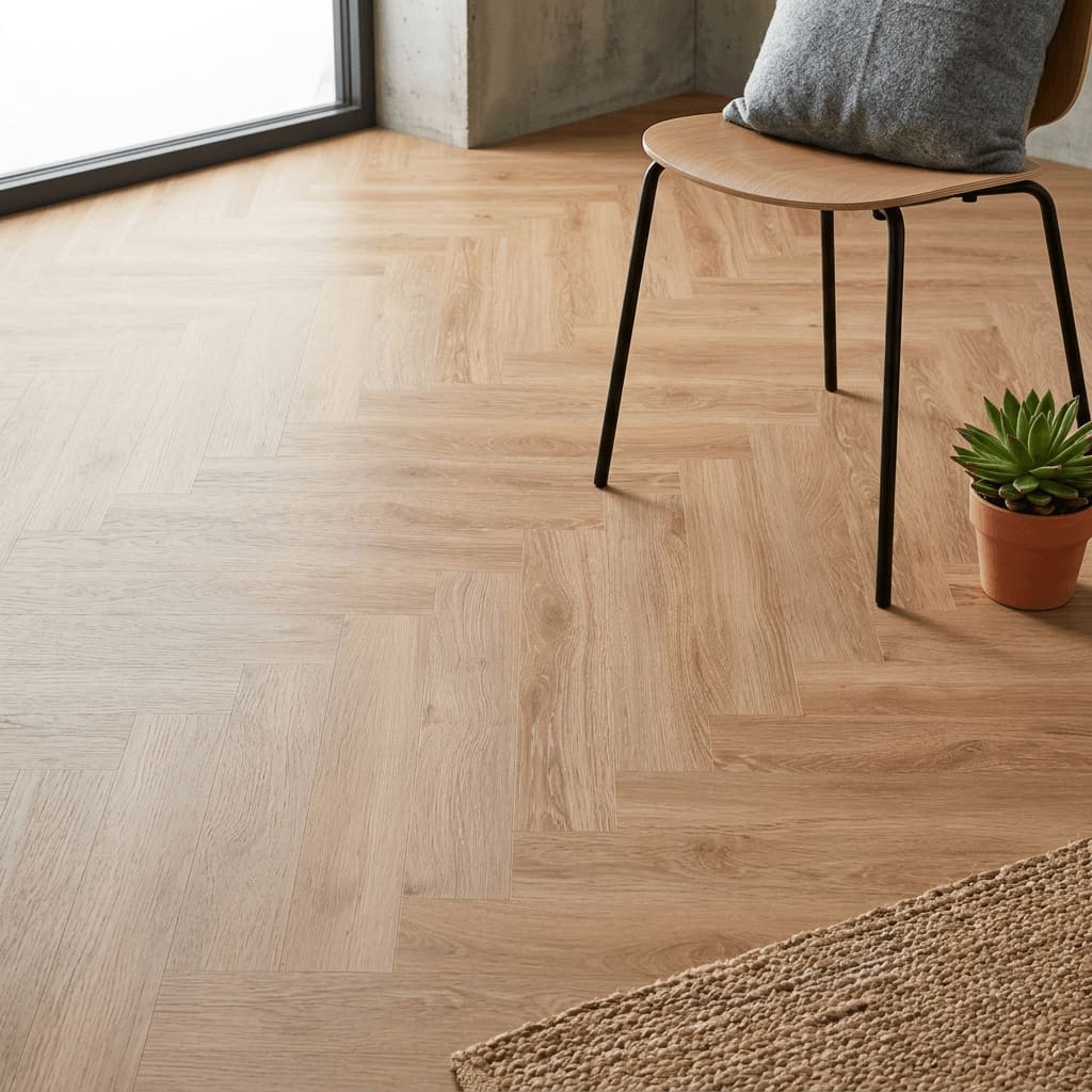 Brampton Chase Studio Designs Herringbone Natural Oiled Oak luxury vinyl flooring detailed view - photorealistic room shot
