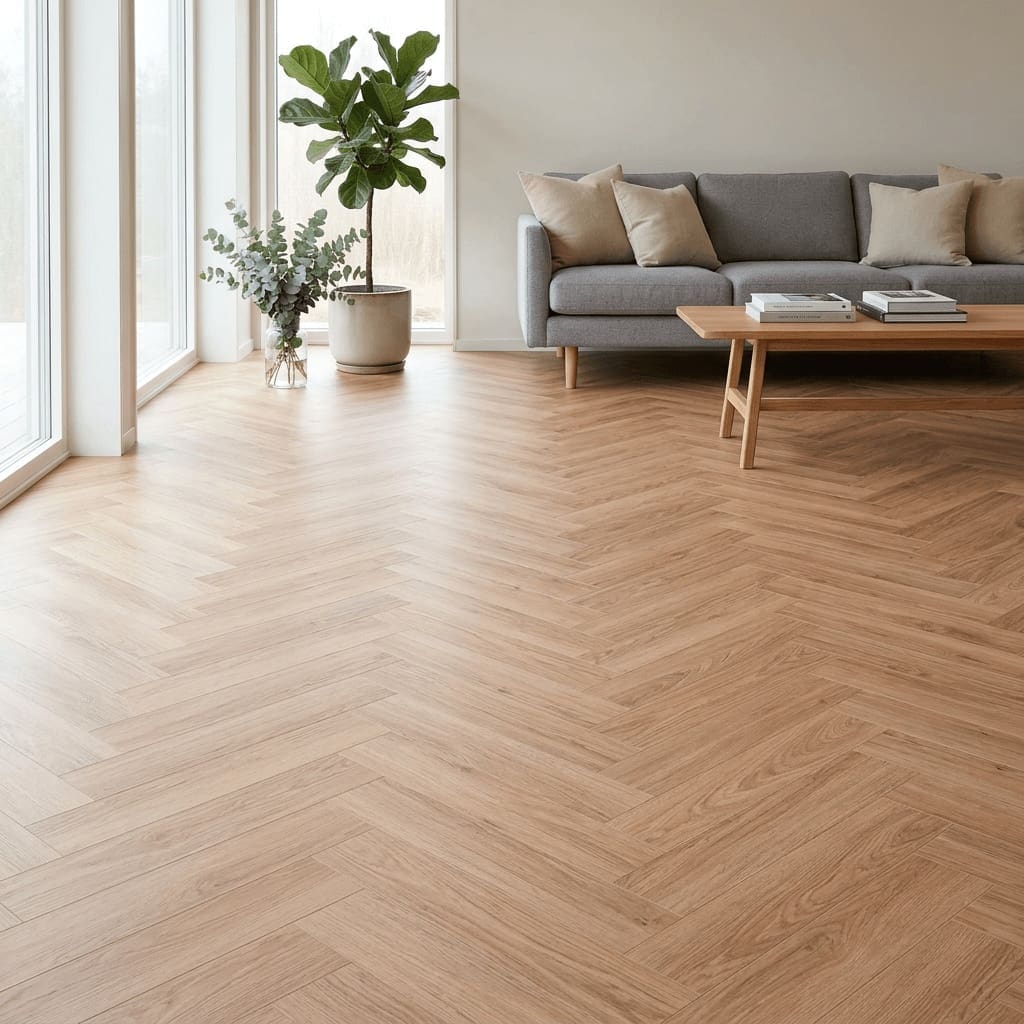 Brampton Chase Studio Designs Herringbone Natural Oiled Oak luxury vinyl flooring room interior - photorealistic room shot