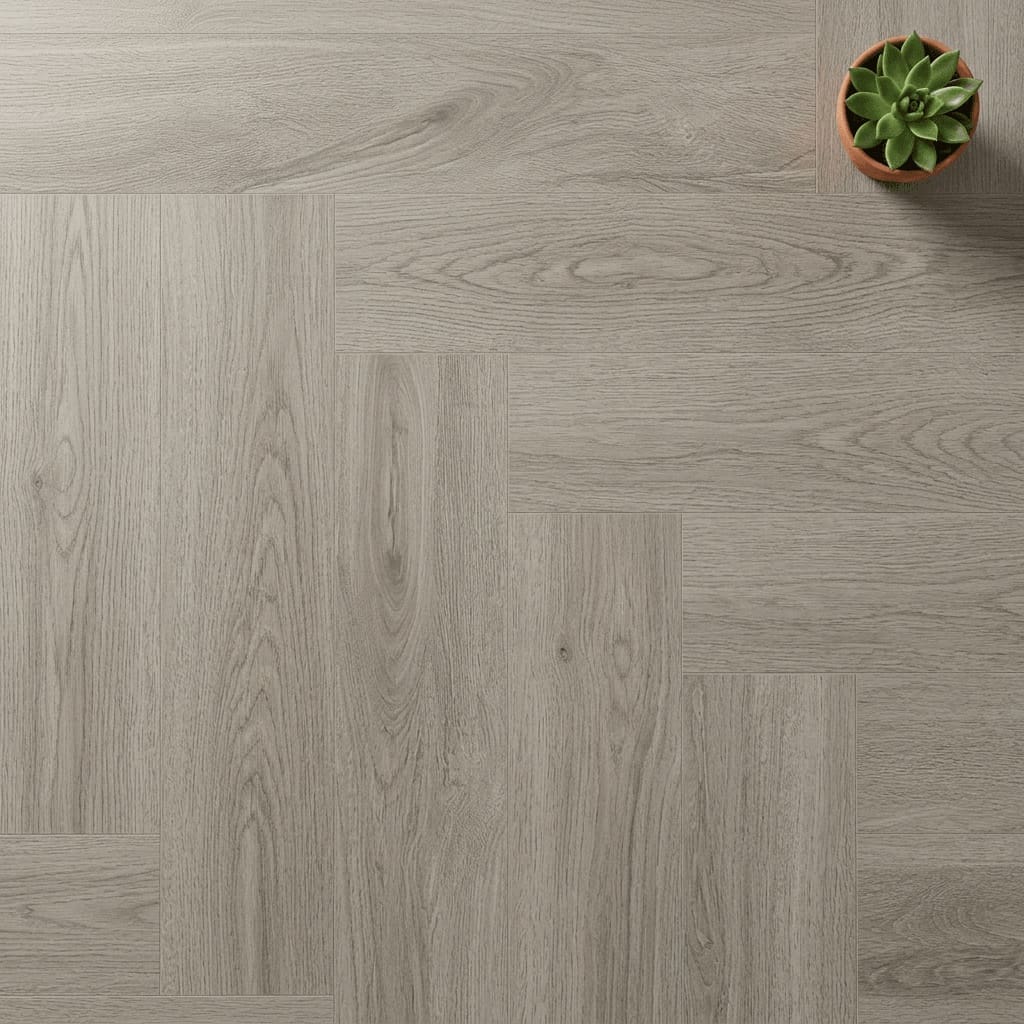 Brampton Chase Studio Designs Herringbone Pebble Shore luxury vinyl flooring close-up texture - photorealistic room shot