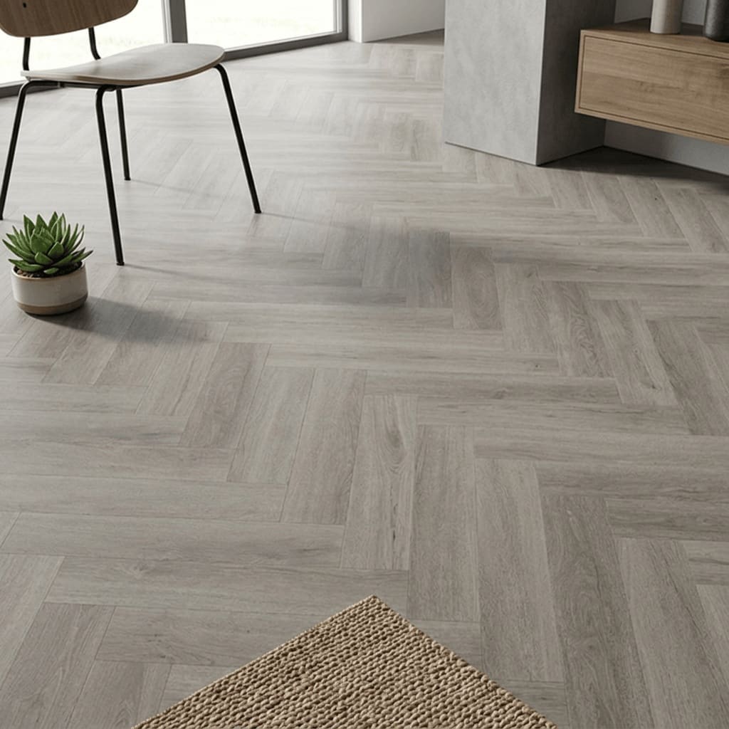 Brampton Chase Studio Designs Herringbone Pebble Shore luxury vinyl flooring detailed view - photorealistic room shot