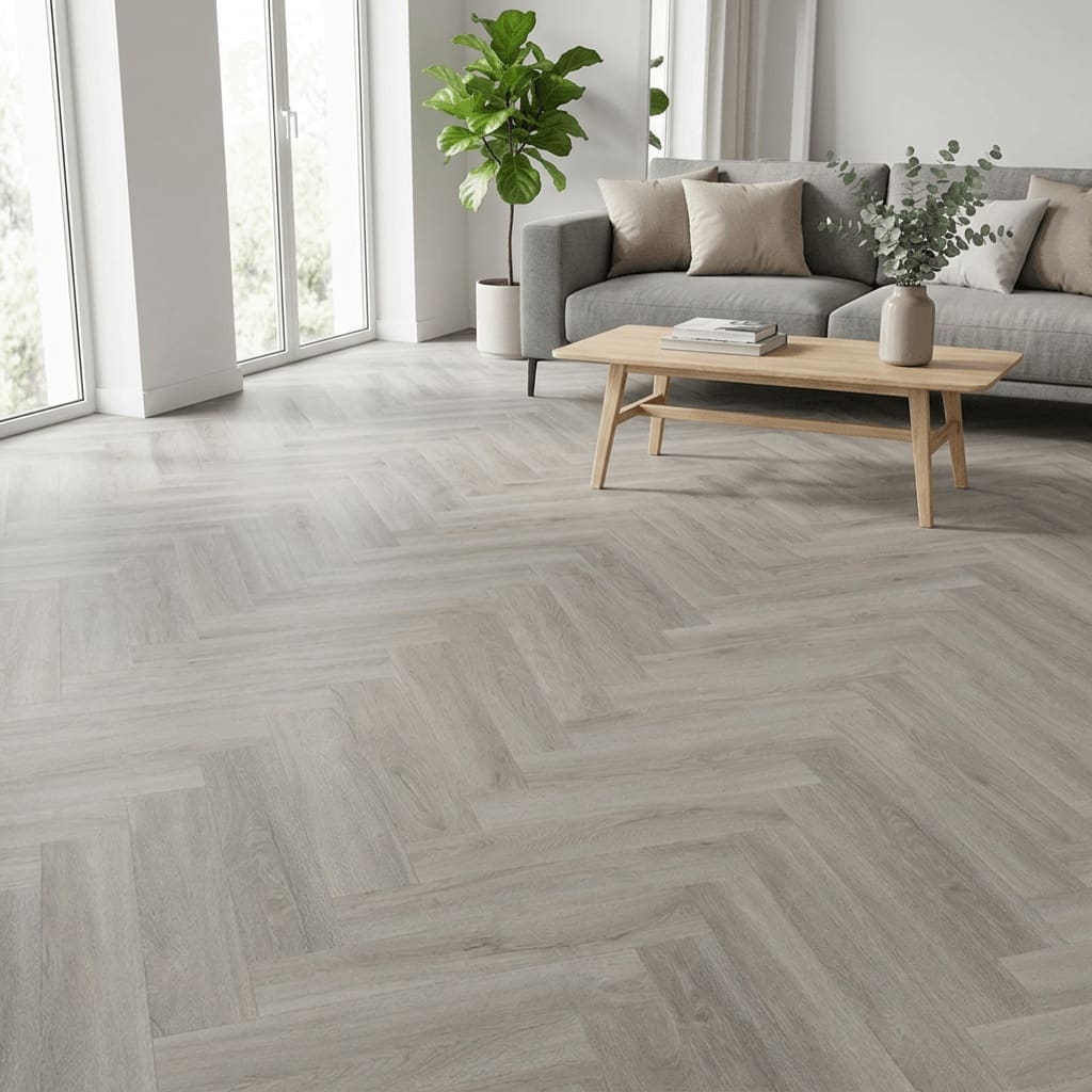 Brampton Chase Studio Designs Herringbone Pebble Shore luxury vinyl flooring room interior - photorealistic room shot