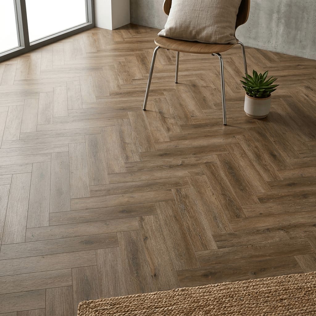 Brampton Chase Studio Designs Herringbone Smokey Bay luxury vinyl flooring detailed view - photorealistic room shot