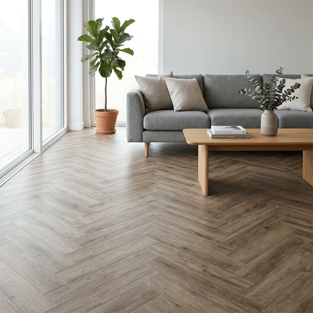 Brampton Chase Studio Designs Herringbone Smokey Bay luxury vinyl flooring room interior - photorealistic room shot