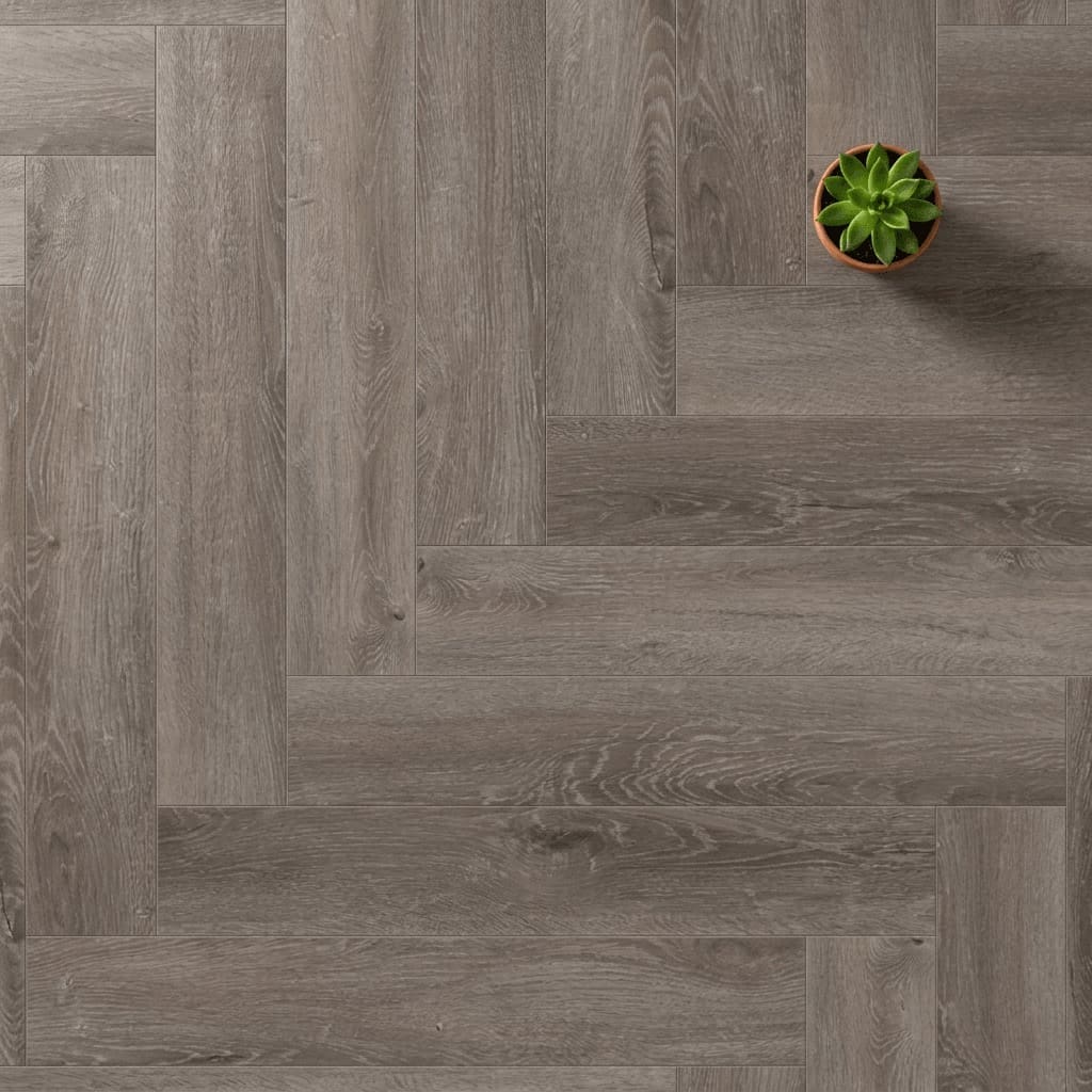 Brampton Chase Studio Designs Herringbone Urban Dusk luxury vinyl flooring close-up texture - photorealistic room shot