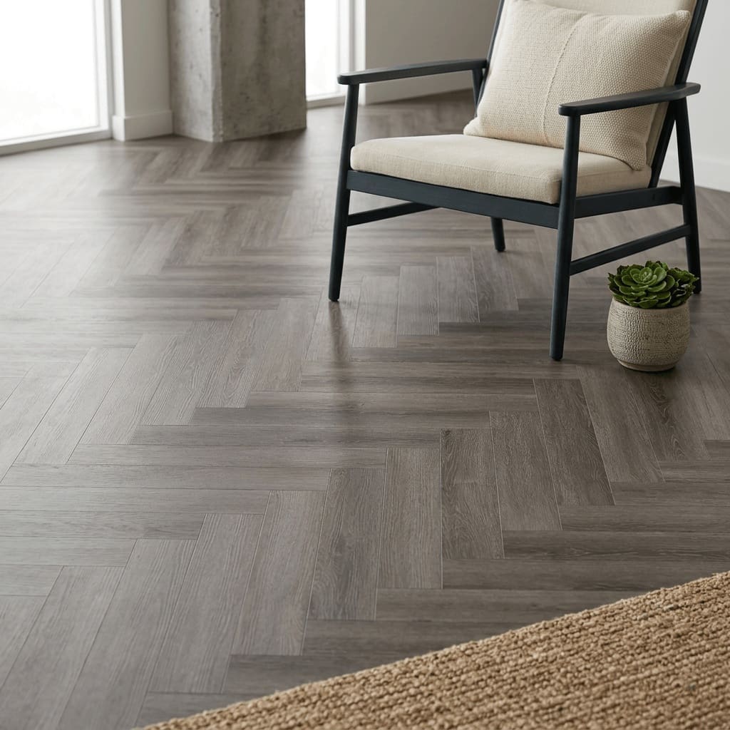 Brampton Chase Studio Designs Herringbone Urban Dusk luxury vinyl flooring detailed view - photorealistic room shot