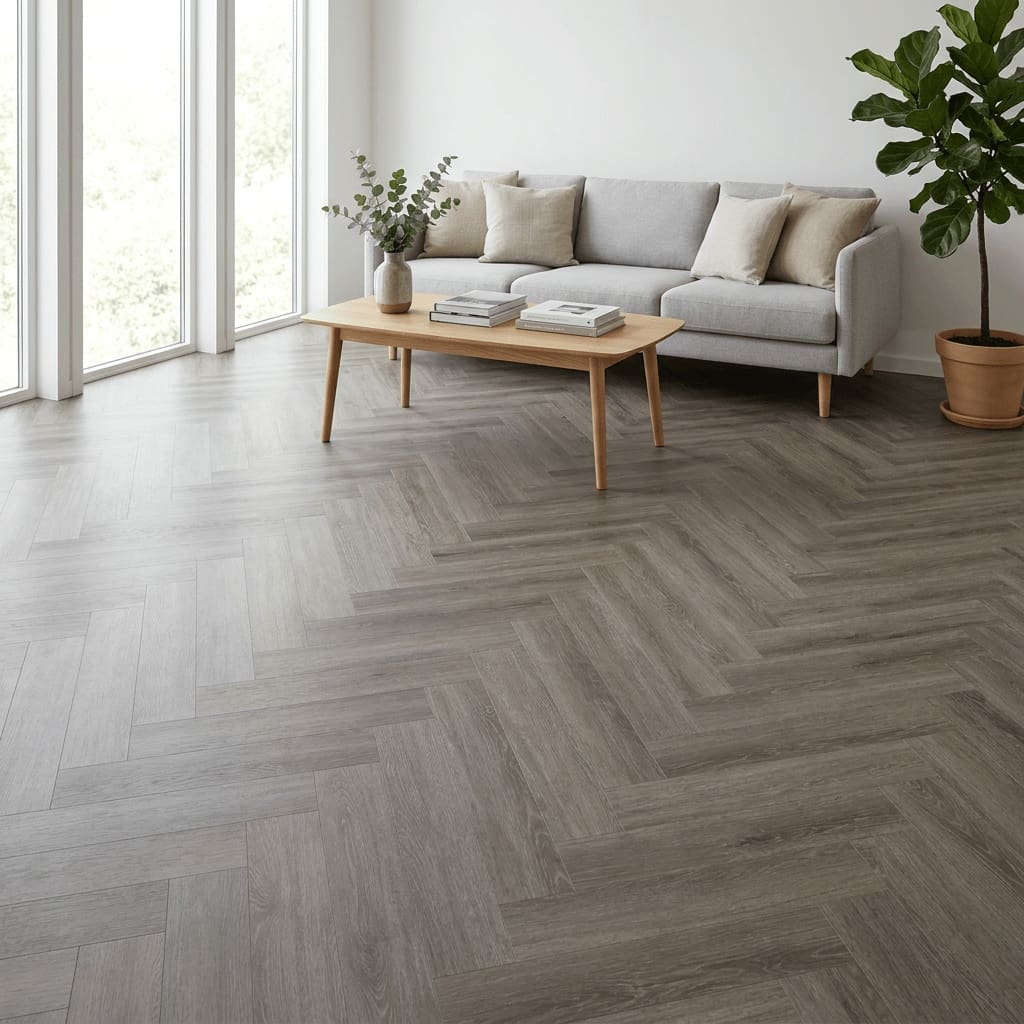 Brampton Chase Studio Designs Herringbone Urban Dusk luxury vinyl flooring room interior - photorealistic room shot