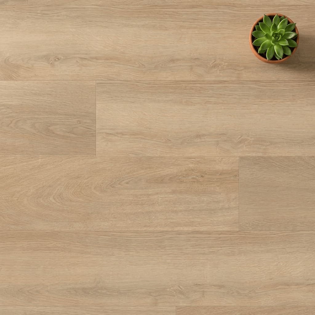 Brampton Chase Studio Designs Large Plank Blonde Oak luxury vinyl flooring close-up texture - photorealistic room shot