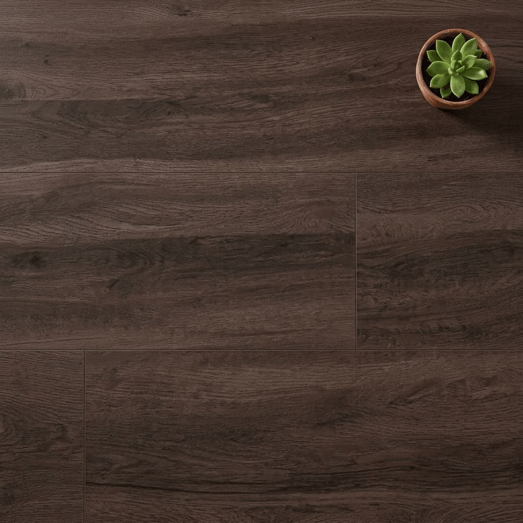 Brampton Chase Studio Designs Large Plank Dark Umber luxury vinyl flooring close-up texture - photorealistic room shot