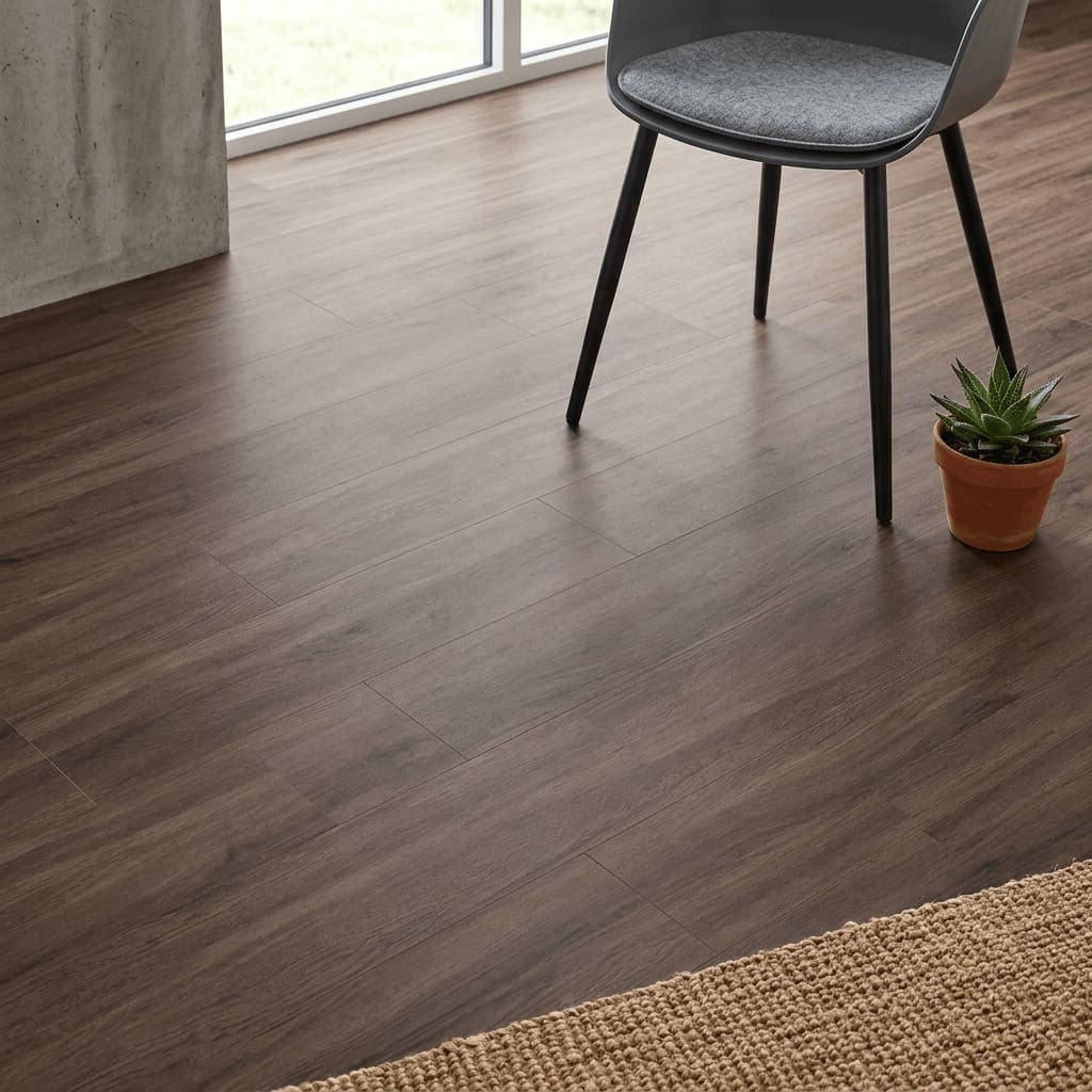 Brampton Chase Studio Designs Large Plank Dark Umber luxury vinyl flooring detailed view - photorealistic room shot
